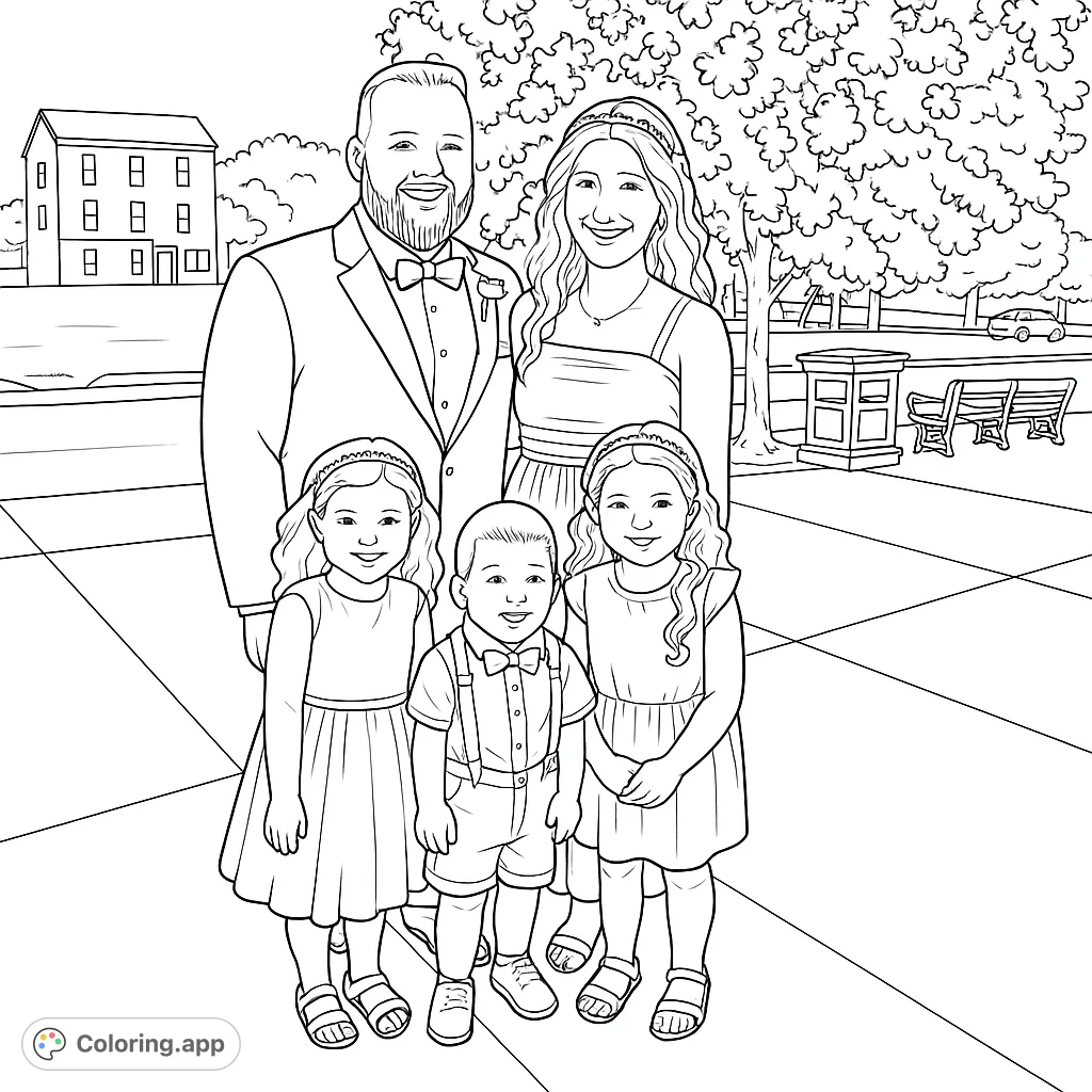 A joyful family of five, two adults and three children, smiling outdoors. Features a man in a suit, woman in a dress, and three kids in formal wear.