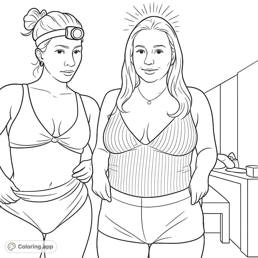 Two figures with headlamps, ready for adventure. Crisp lines define their casual attire, perfect for a unique and engaging coloring page.