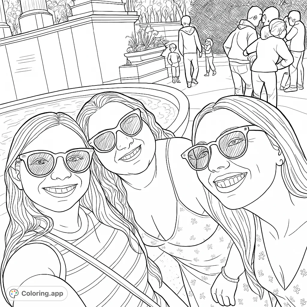 Capture a joyful moment with friends at a sunny park fountain. A delightful park outing coloring page for all ages, perfect for creative expression.