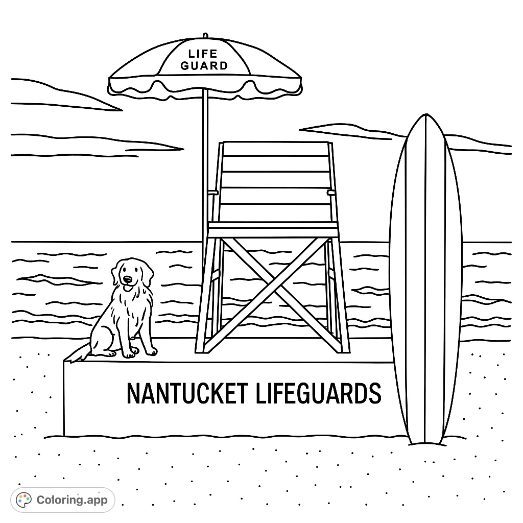 A charming beach scene featuring a golden retriever by a lifeguard stand and surfboard. Perfect free printable beach coloring page for kids and adults.