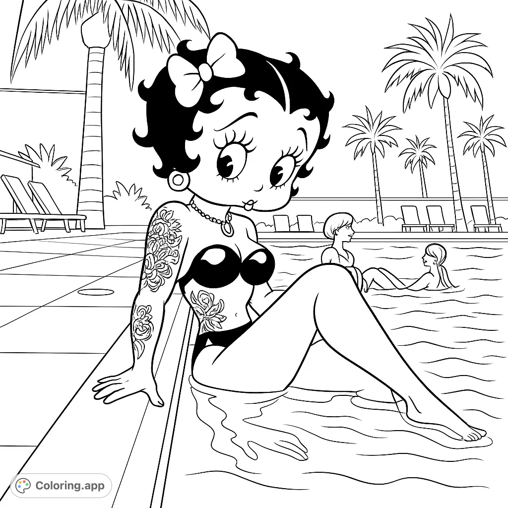 A charming retro character with tattoos relaxes by a sunny pool, surrounded by palm trees. A fun, free printable coloring page for adults and teens.