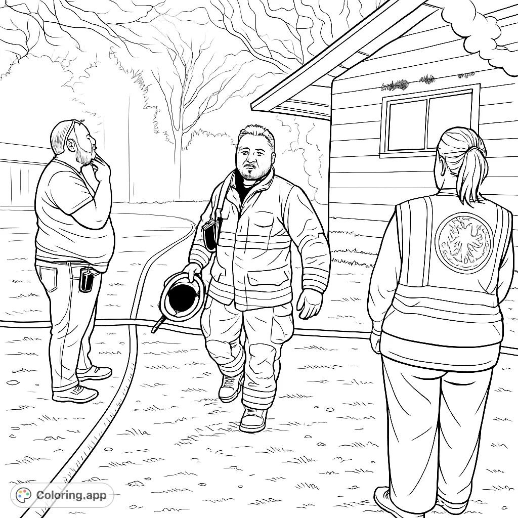 A detailed firefighter coloring page featuring a brave firefighter, a rescue team member, and a house after an incident. Perfect for community helper themes.