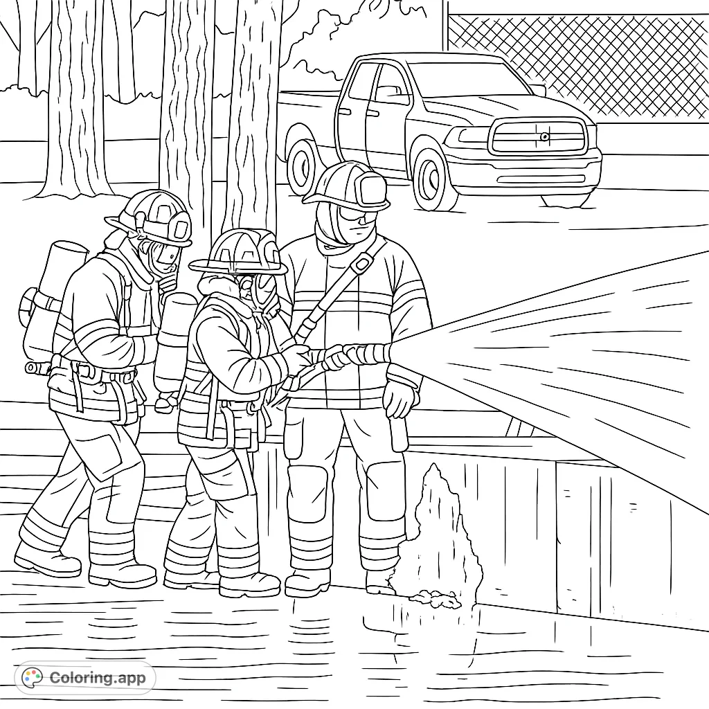 Dynamic firefighter coloring page featuring three brave heroes battling a blaze with a powerful water hose. Perfect for kids and adults.