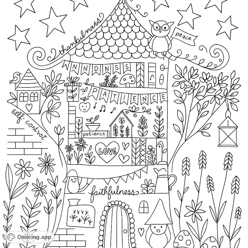 Whimsical multi-story house coloring page, adorned with nature, gnomes, and stars. A delightful free printable for all ages.