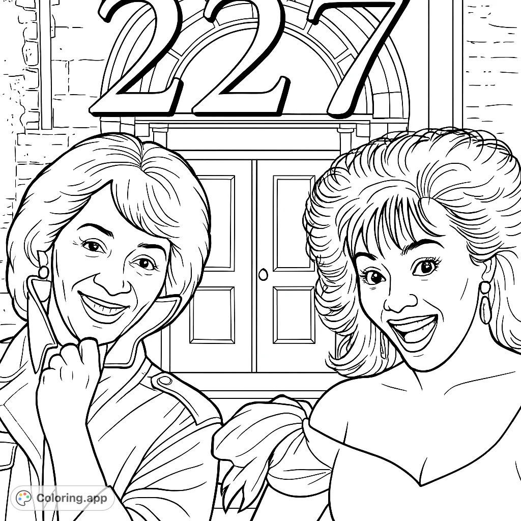 Iconic sitcom characters Mary and Sandra pose in front of their classic brownstone. A fun, free printable coloring page for fans.