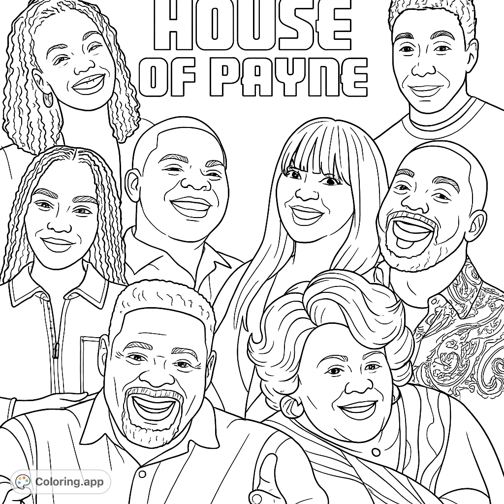 A joyful group portrait of seven smiling individuals, perfect for a family-themed coloring page. Capture their happy expressions and diverse features.