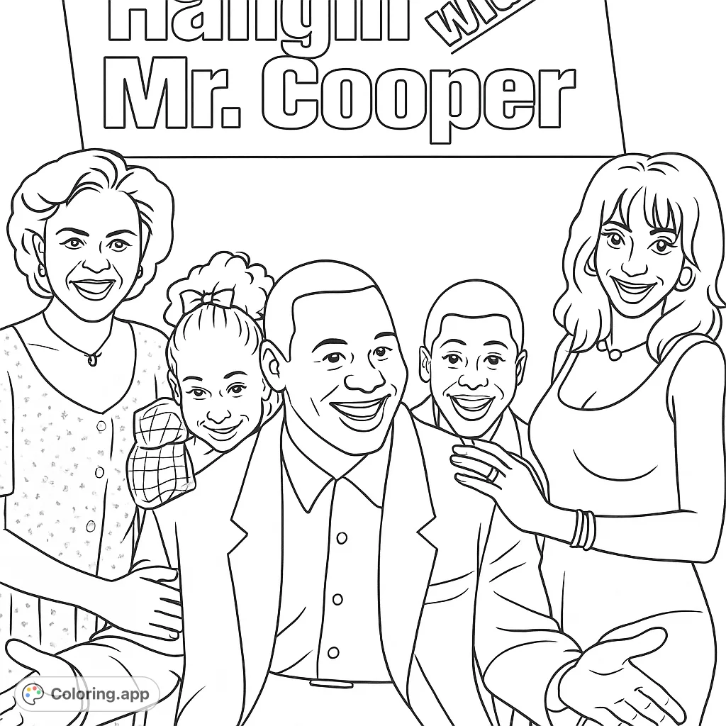 A joyful group portrait featuring five smiling individuals, perfect for a fun family-themed coloring page. Capture happy expressions and diverse clothing.