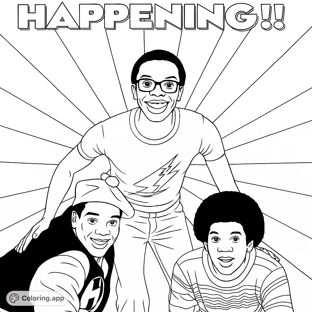 Three smiling friends in retro attire against a vibrant sunburst background. A fun, free printable coloring page for all ages.