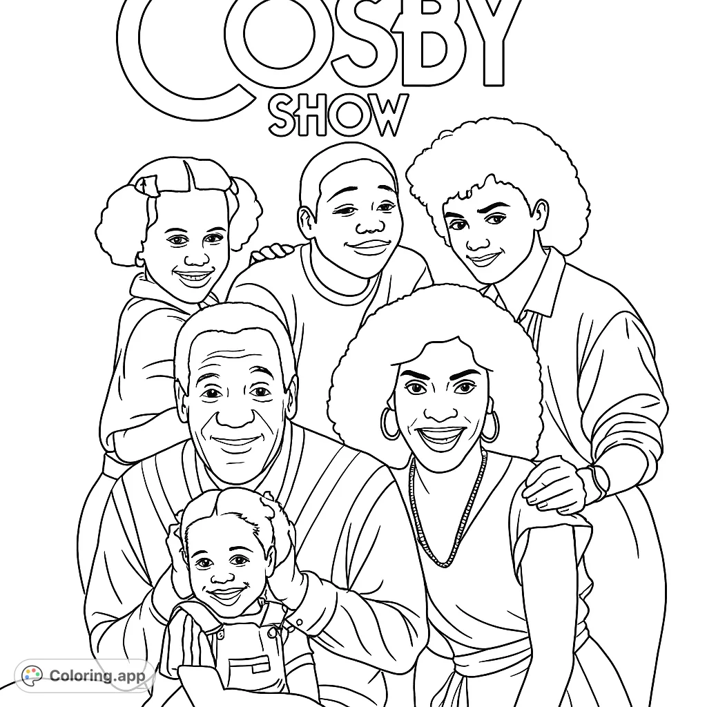 A heartwarming family portrait coloring page featuring six smiling individuals. Perfect for all ages to bring vibrant life to this joyful scene.
