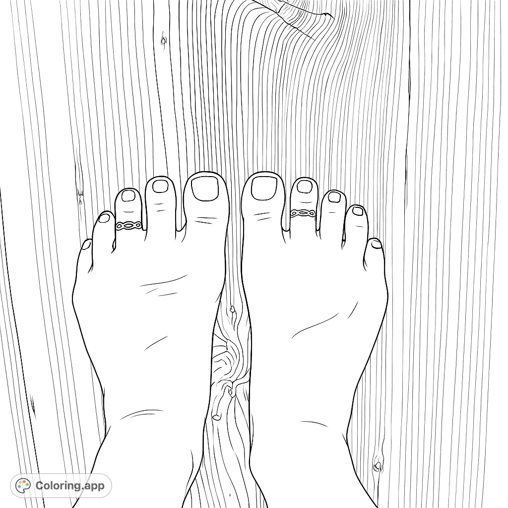 Bare feet with toe rings on a detailed wooden floor. A serene and customizable free printable feet coloring page for relaxation.