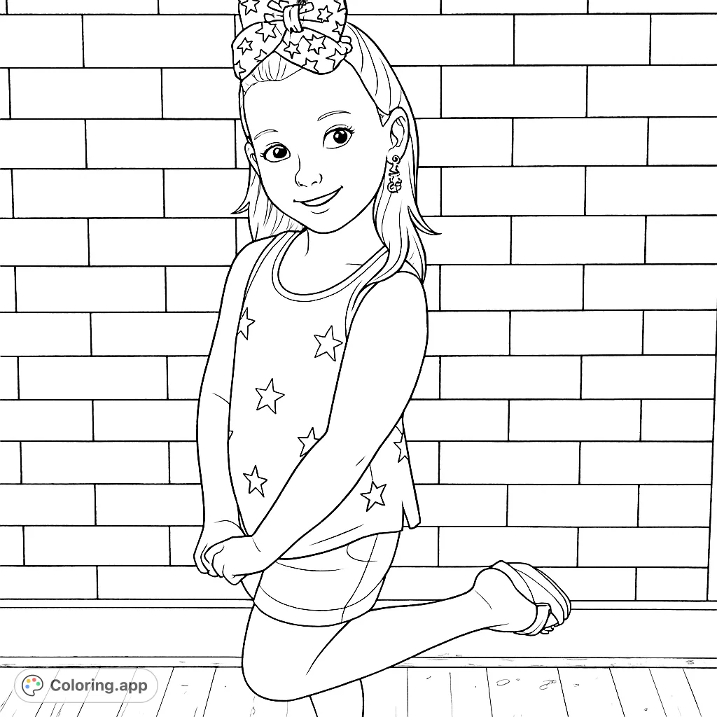 A cheerful girl in a star-patterned top and shorts, posing against a brick wall. A fun, free printable coloring page for kids.