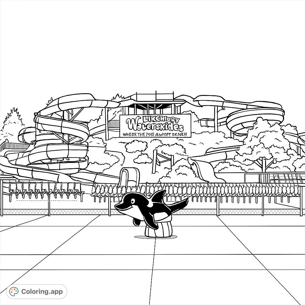 Dive into fun with this exciting water park scene! Featuring towering slides, a playful orca, and a vibrant pool area, all rendered in crisp black lines for coloring.