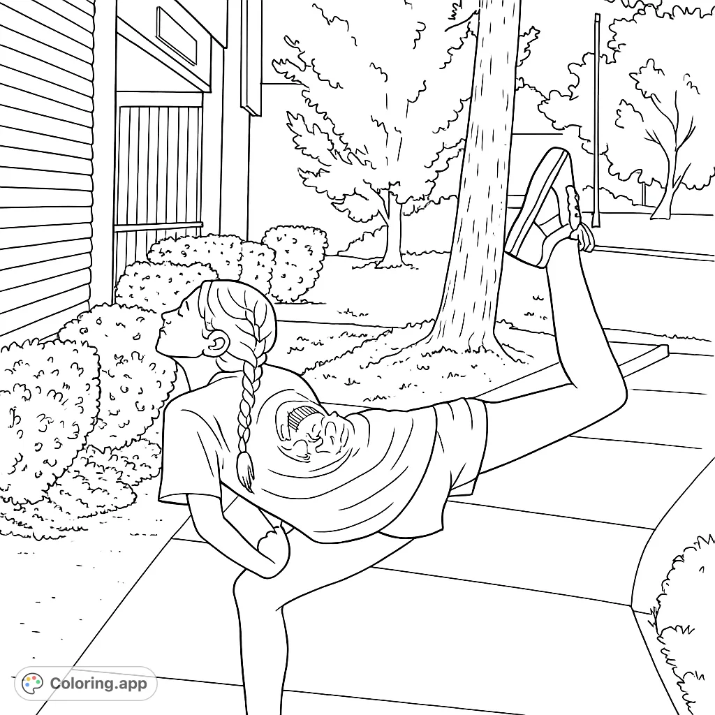 Capture the grace of a dynamic stretch pose outdoors. This athletic flexibility coloring page features a person in a challenging balance, perfect for all ages.