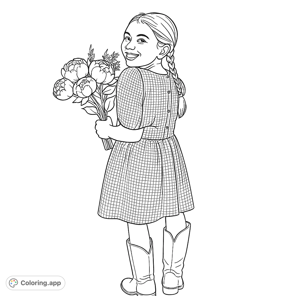 A cheerful girl in a checkered dress and boots, holding a beautiful bouquet of flowers, turning to smile. A delightful girl with flowers coloring page, perfect for creative fun!
