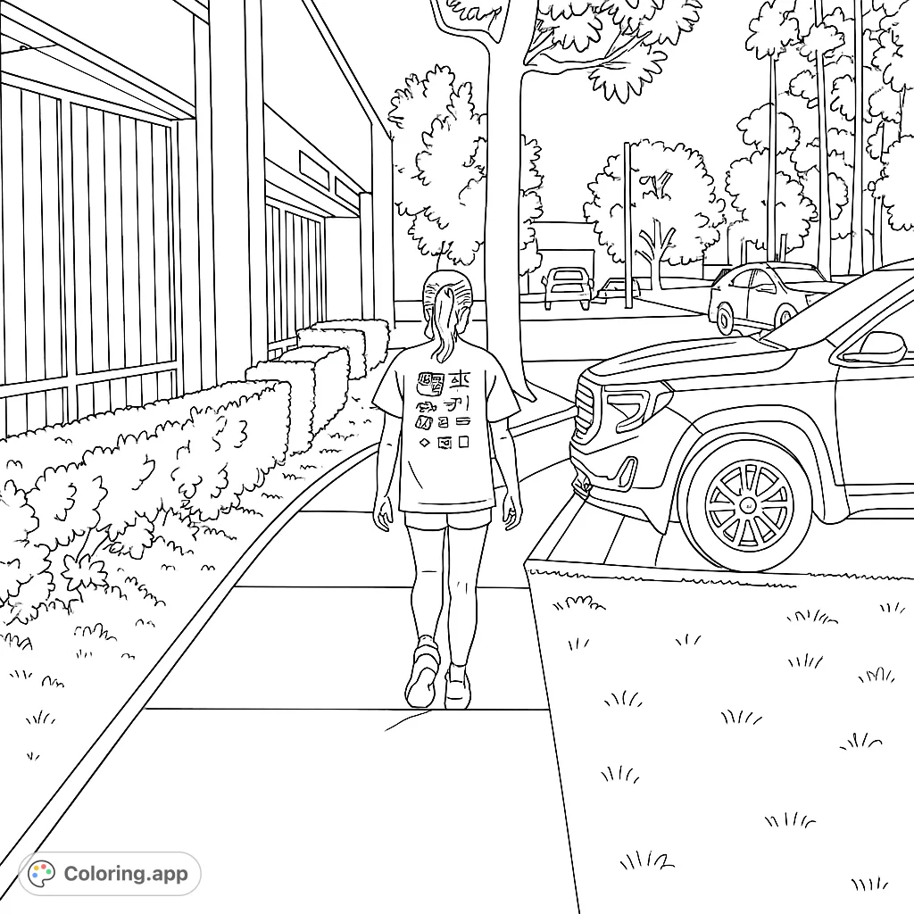 A person walks on a sidewalk beside a modern building and parked car, with trees and distant vehicles in an urban landscape. Perfect for city scene coloring.