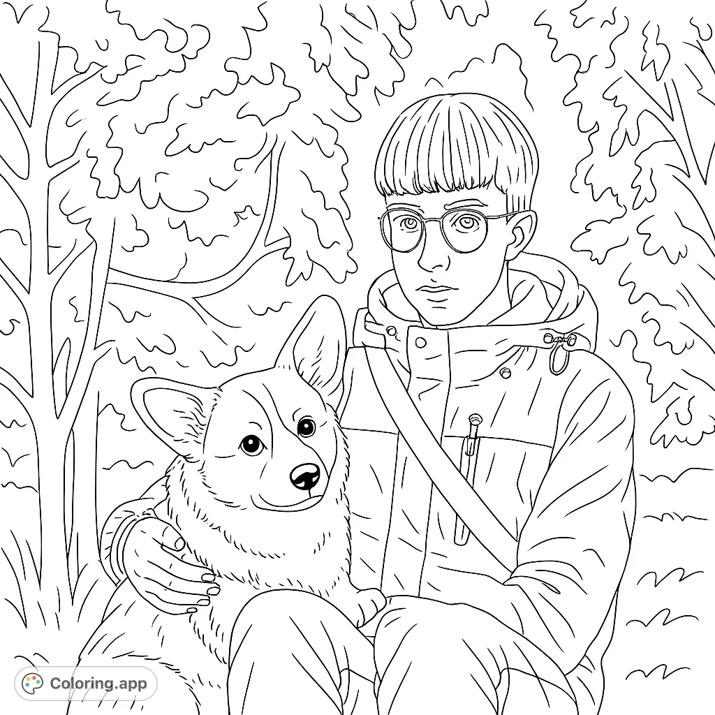 A heartwarming boy and Corgi coloring page, perfect for dog lovers. Features a person holding their adorable Corgi in a natural setting.