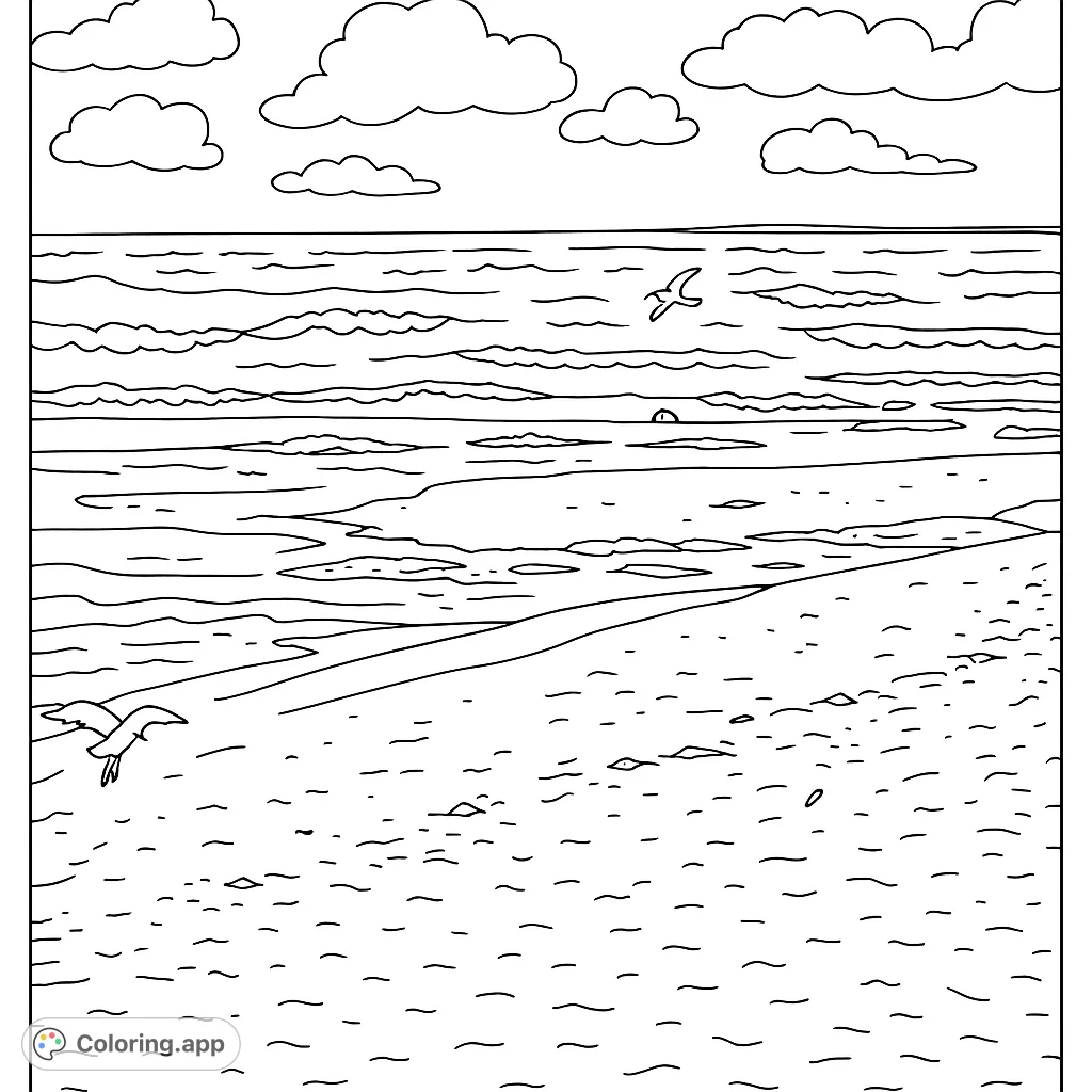 Capture the serene beauty of a coastal beach with birds soaring over sand and waves. A perfect free printable coloring page for nature lovers.