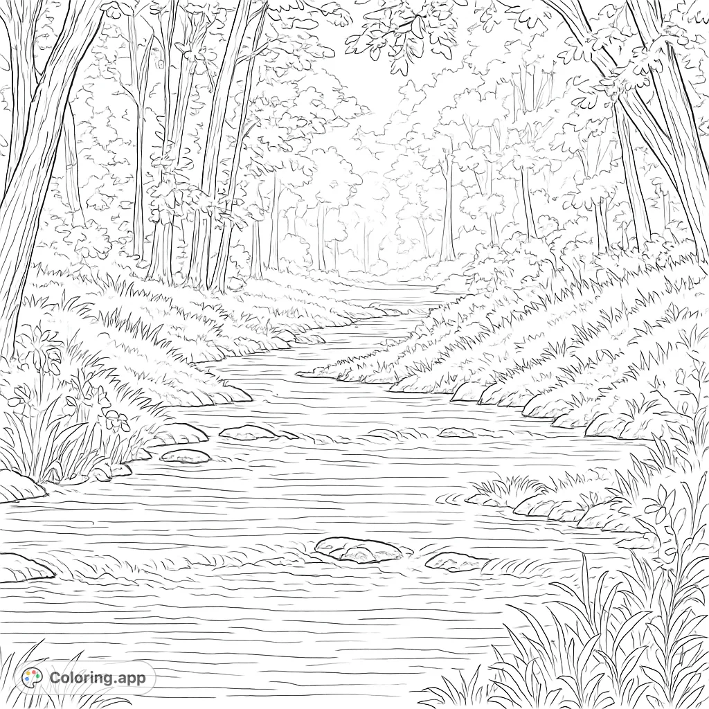 A tranquil forest stream winding through lush trees and grassy banks, inviting a peaceful coloring experience.