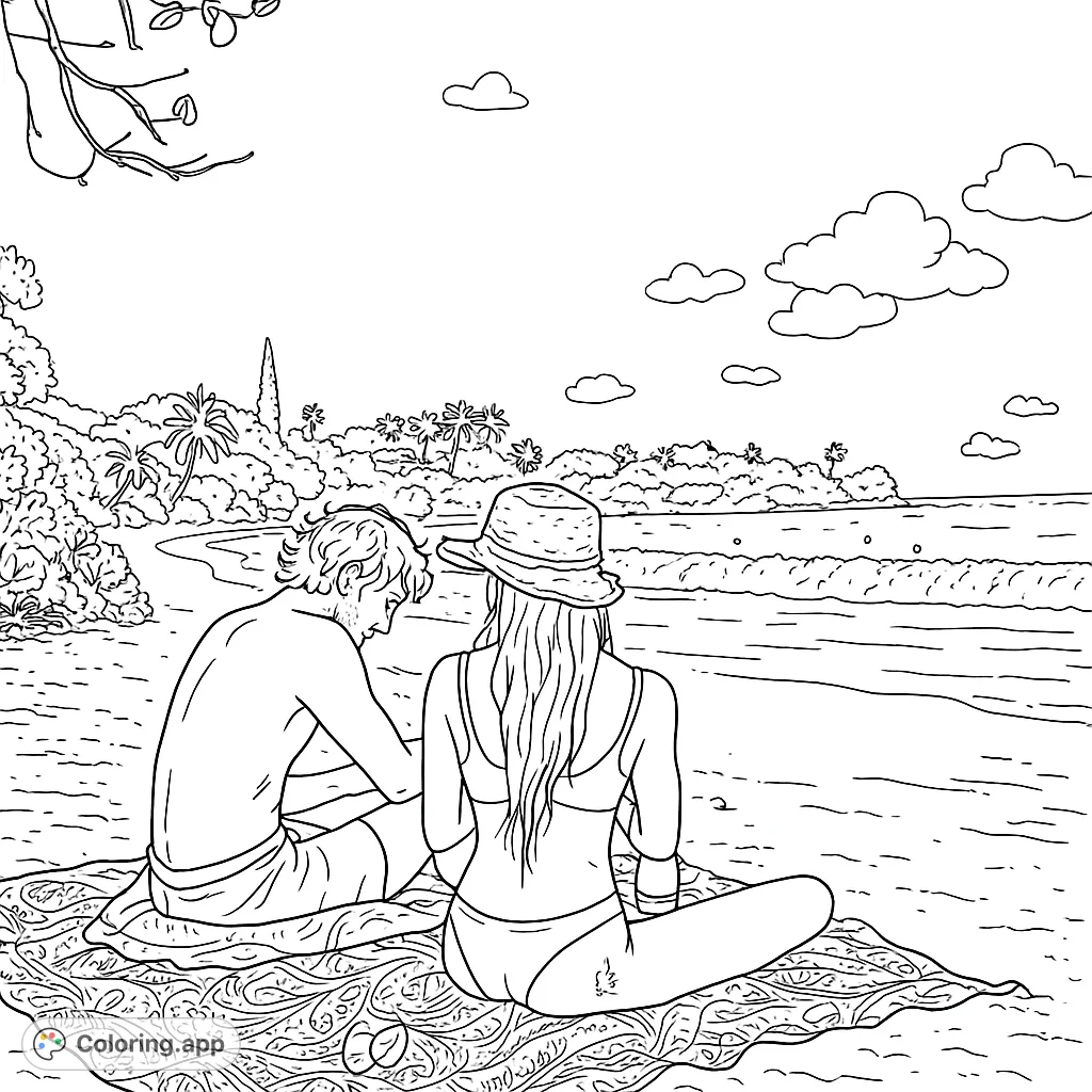 A serene tropical beach scene featuring two people relaxing on a blanket, gazing at the ocean waves under a clear sky. Perfect for a peaceful escape.