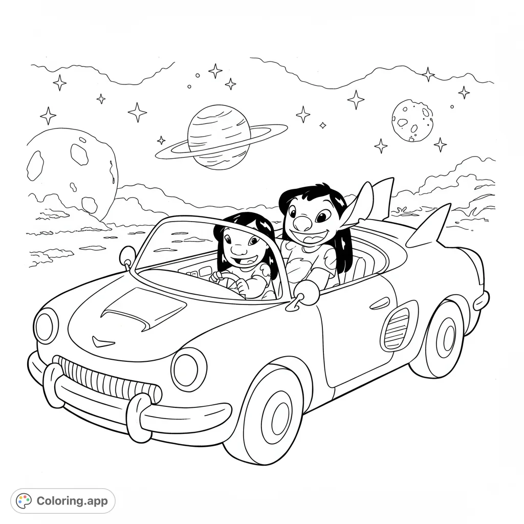 Join Lilo and Stitch on an intergalactic adventure in their iconic red car spaceship! A fun, free printable Lilo and Stitch coloring page for all ages.