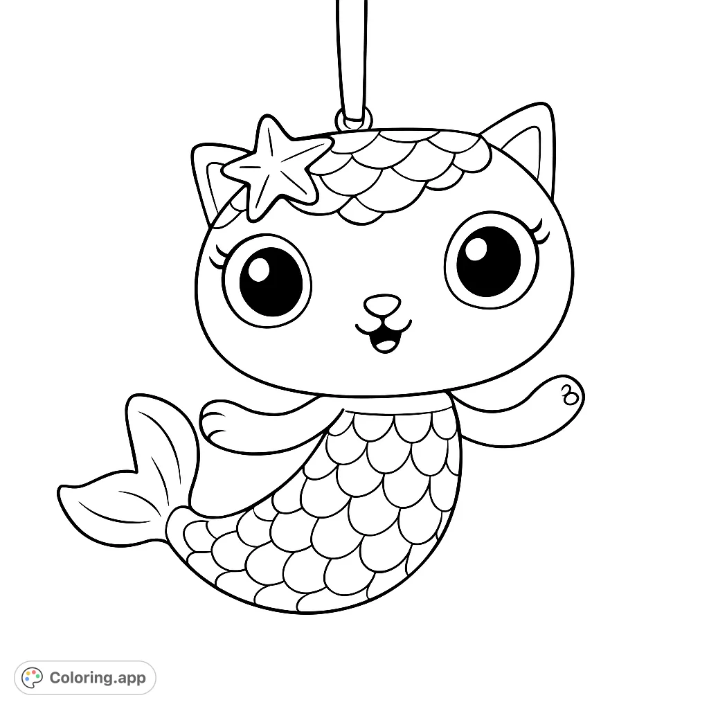 An adorable mermaid cat character with a starfish accessory and textured tail, floating amidst festive branches, perfect for imaginative coloring fun.