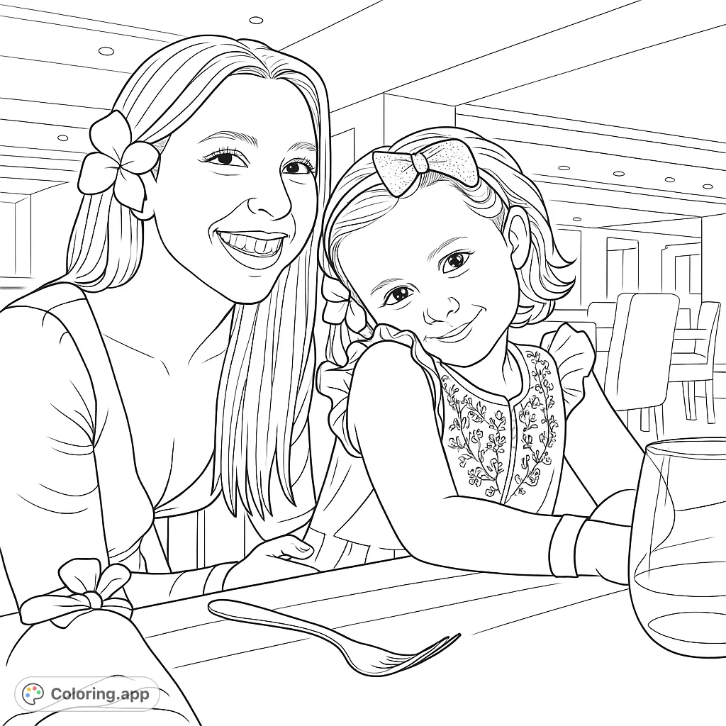 A heartwarming family coloring page featuring a smiling adult and child at a table, perfect for a free printable coloring page for kids and adults.