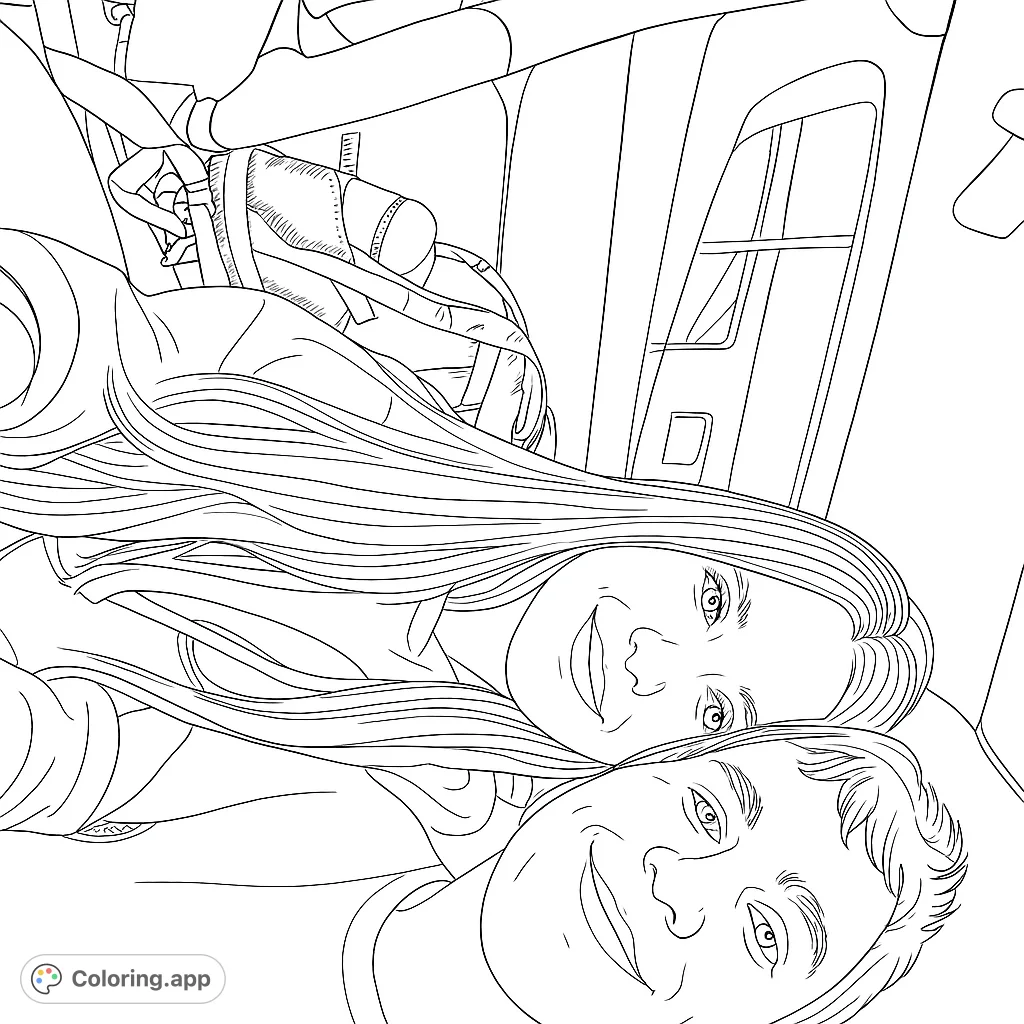 A heartwarming free printable coloring page featuring two smiling friends or a couple enjoying a car ride. Perfect for expressing connection and shared moments.