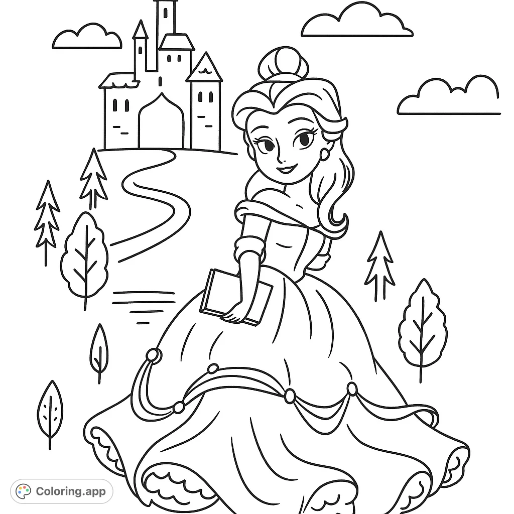 A charming princess in a grand gown holds a book, with a majestic castle and whimsical trees in the background. Perfect for a magical coloring adventure!