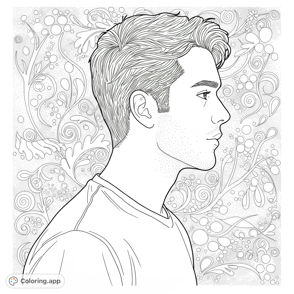 A thoughtful Ryan in profile, set against swirling organic lines and dot patterns. A unique portrait coloring page for mindful creativity.