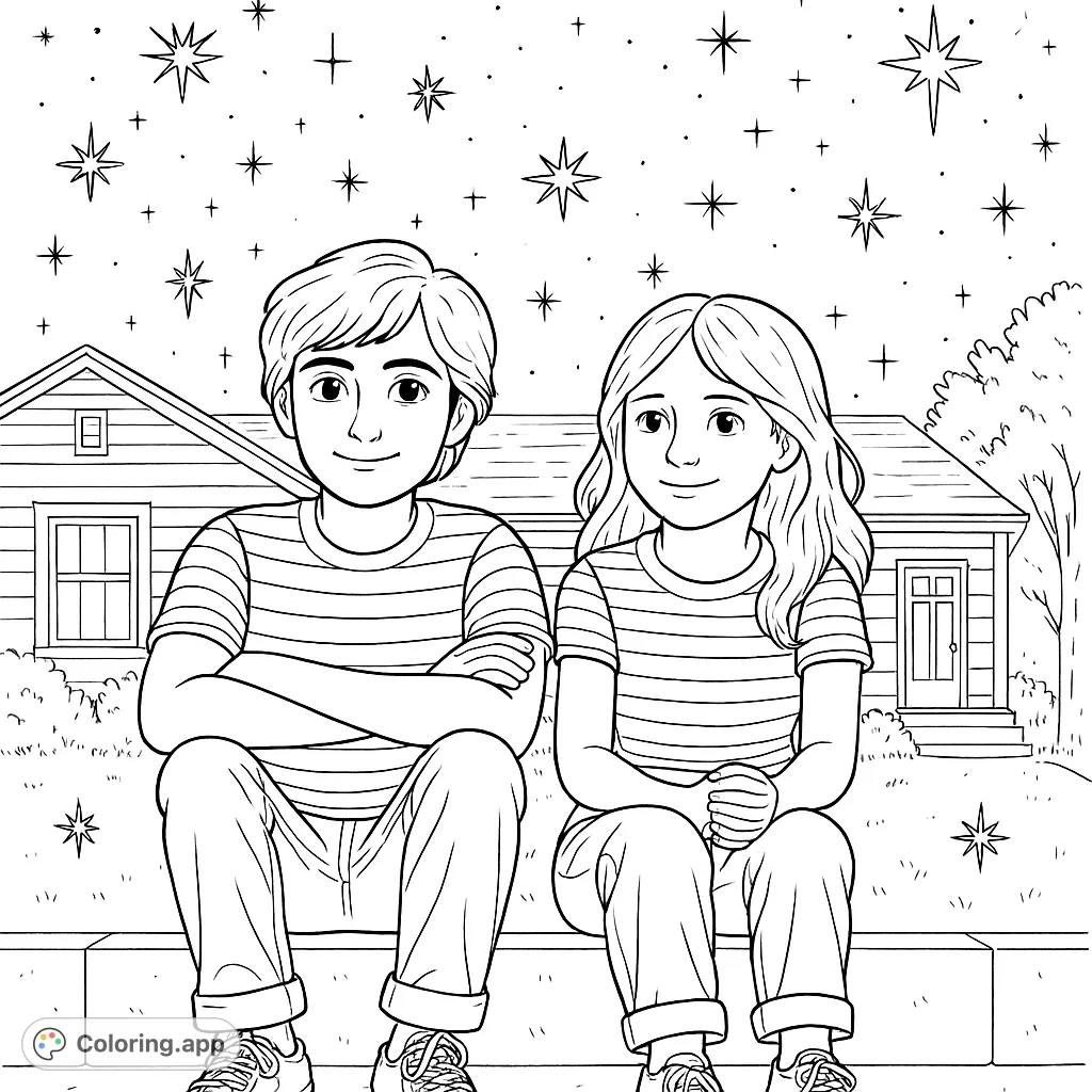 Two friends sit under a vast starry night sky, a peaceful scene perfect for a free printable coloring page. Explore the magic of the night.