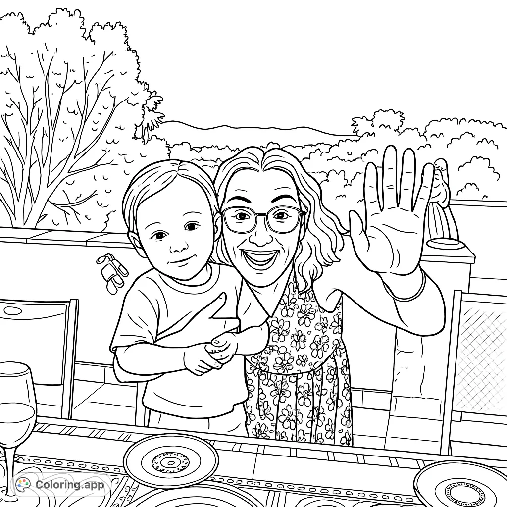 Capture a heartwarming moment of a woman and child on a patio, surrounded by nature and a festive table setting. Perfect for family-themed coloring.