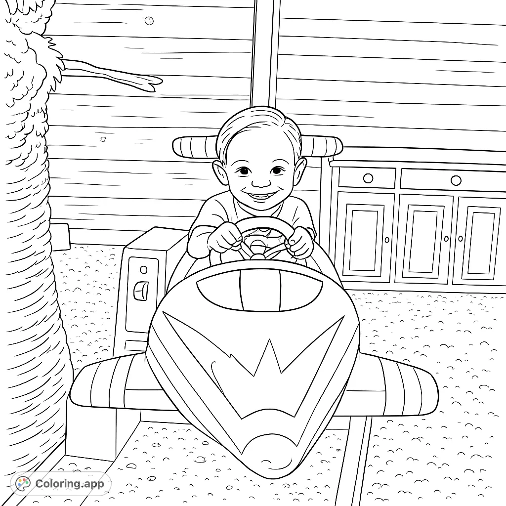 A joyful child smiles from a futuristic rocket ride, ready for adventure. Perfect for young explorers to color and imagine space journeys!
