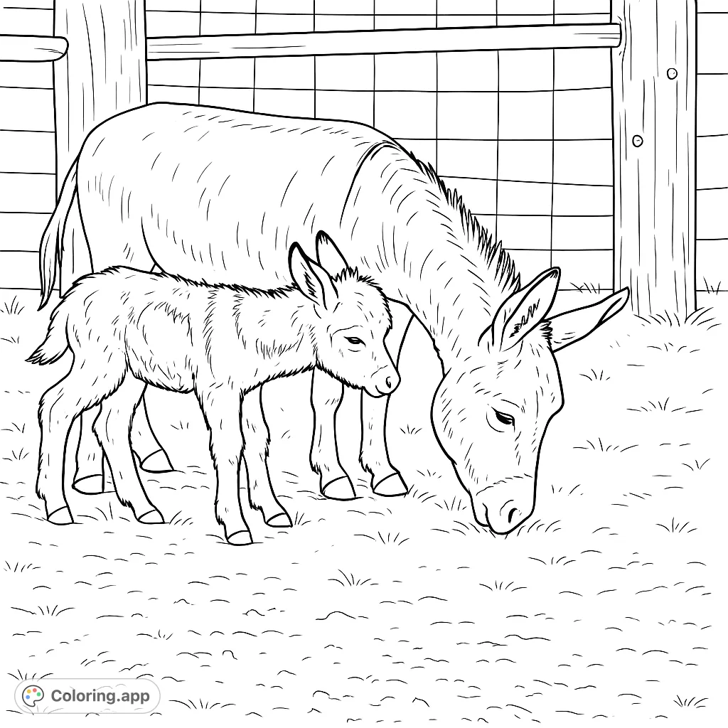 A heartwarming donkey coloring page featuring a mother donkey grazing beside her adorable spotted foal in a grassy field. Perfect for animal lovers!