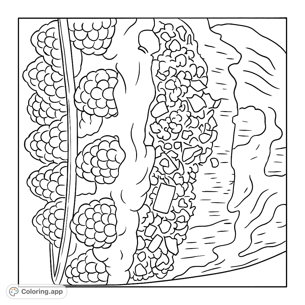 A delightful layered dessert coloring page featuring raspberries, cream, cake, and chocolate crumbs in a clear glass. A sweet treat for all ages!