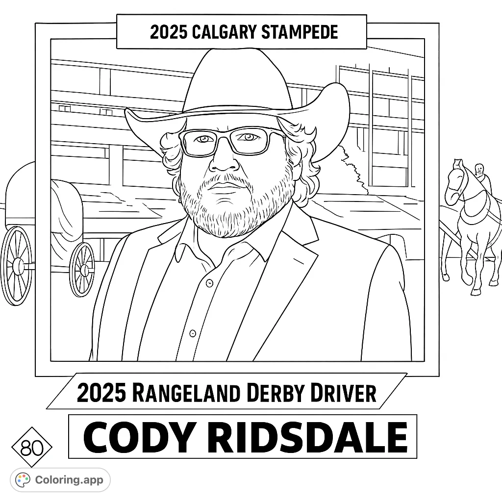 A detailed black and white line drawing of a man in a cowboy hat and glasses, set against a dynamic stadium background, perfect for coloring.