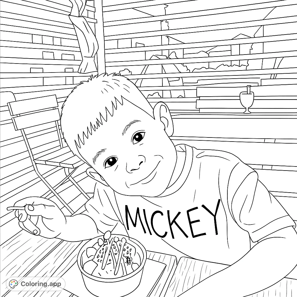 A happy boy enjoys a delicious ice cream treat at an outdoor cafe. Features a smiling child, a detailed ice cream bowl, and a cozy setting.