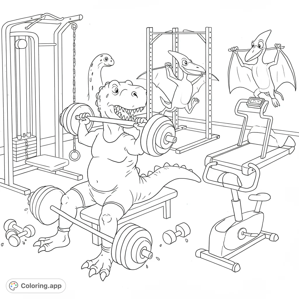 Roaring fun! A dynamic dinosaur gym coloring page featuring T-Rex lifting weights, Triceratops on a treadmill, and more prehistoric pals working out.