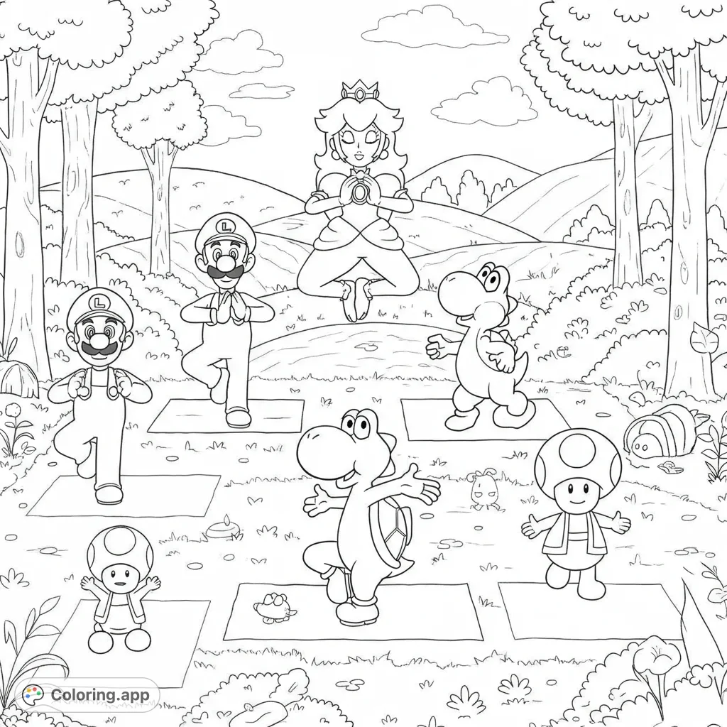 Join Mario, Luigi, Peach, Bowser, Yoshi, and Toad in a fun yoga session amidst nature. A delightful Super Mario yoga coloring page for all ages!