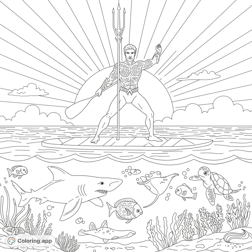 Aquaman finds zen on a paddleboard at sunset, surrounded by a vibrant underwater world of sharks, fish, and turtles. A dynamic superhero coloring page.