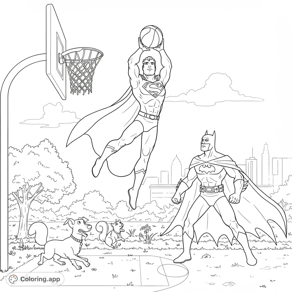Superman and Batman play basketball in a park, with Krypto chasing a squirrel. A dynamic superhero coloring page for all ages.