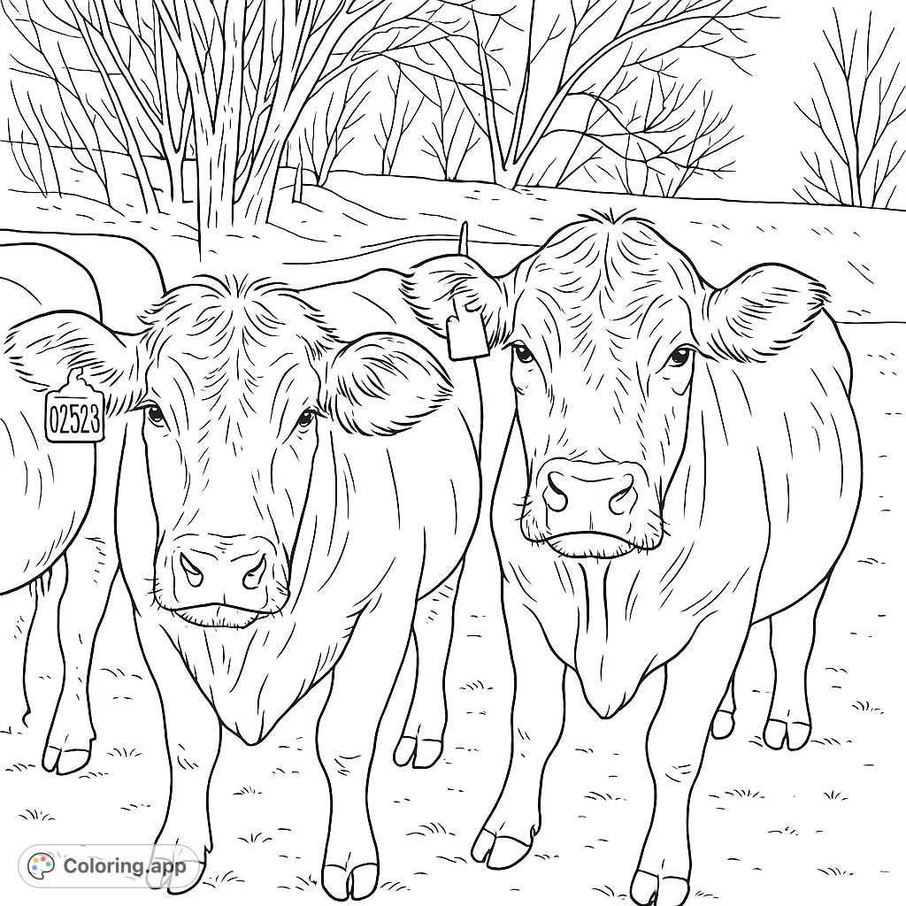 A charming farm animal coloring page featuring two friendly cows looking directly at you, set against a rustic field and bare trees. Perfect for all ages.