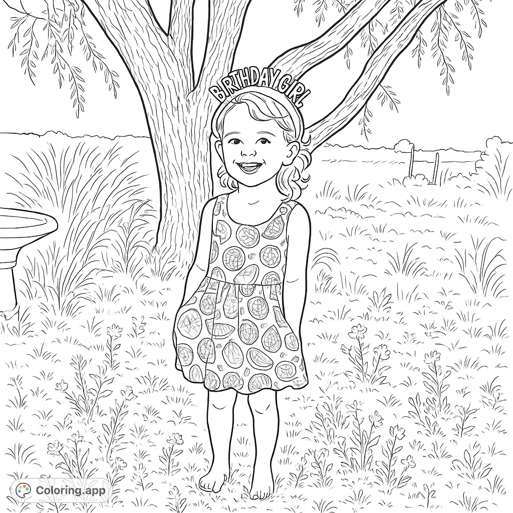 A joyful birthday girl in a fruit-patterned dress stands under a tree, ready for a colorful celebration. This free printable coloring page is perfect for kids!