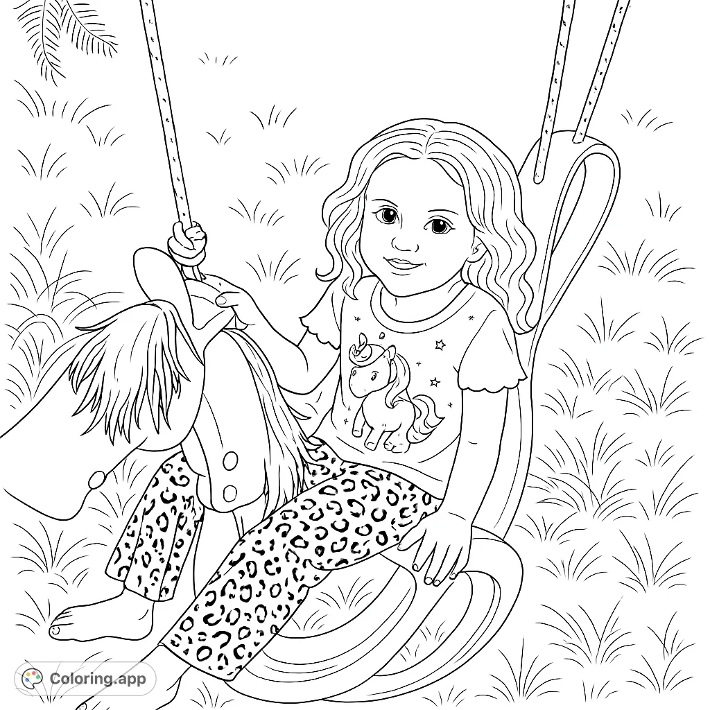 A joyful girl on a unique horse tire swing, ready for a fun coloring adventure. Perfect for kids and animal lovers.
