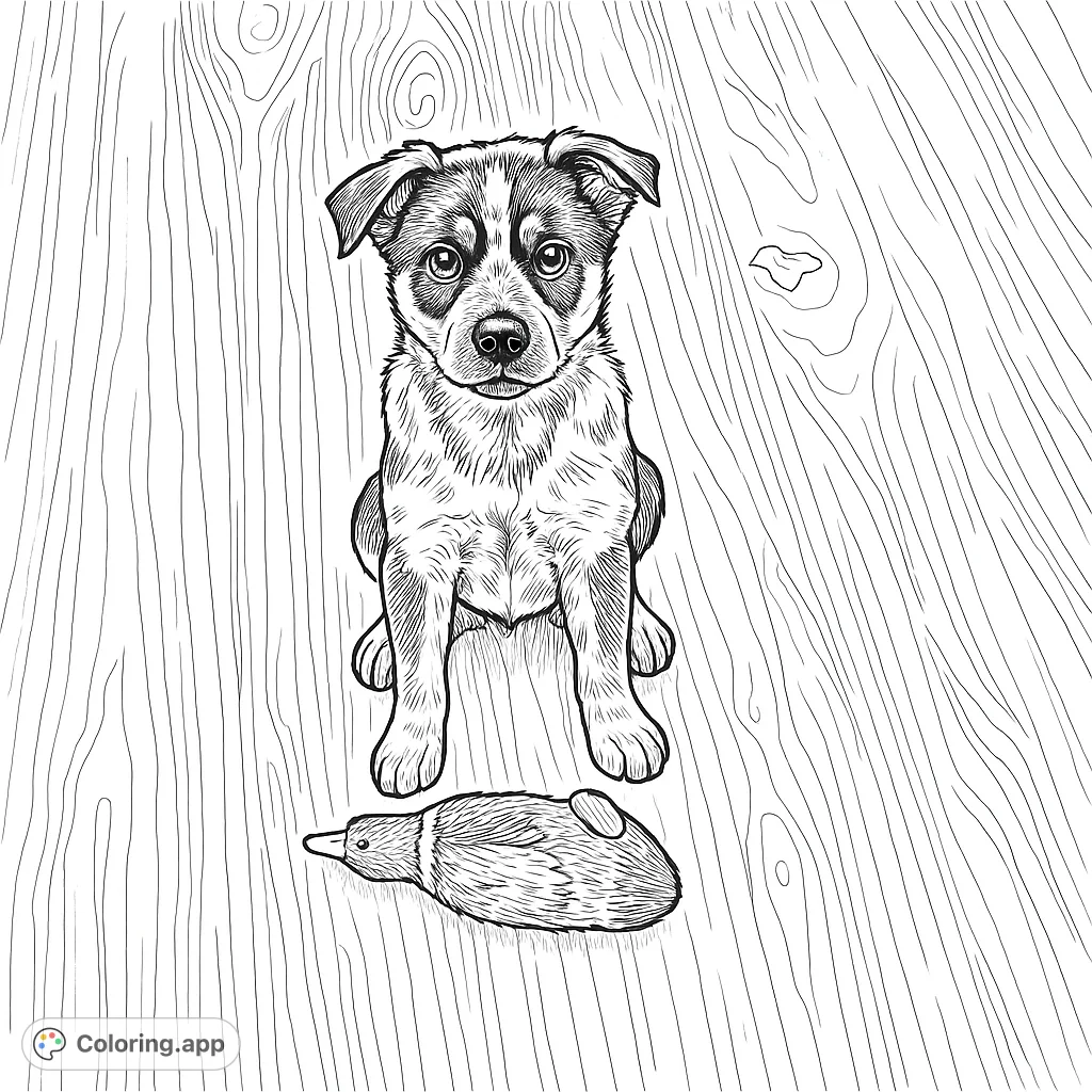 An adorable puppy sits alertly with its favorite duck toy on a textured wooden floor, ready for a fun coloring adventure. Perfect for dog lovers!