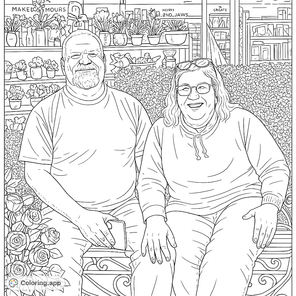 A heartwarming free printable coloring page featuring a smiling man and woman on an ornate bench, surrounded by flowers and decor. Perfect for all ages.