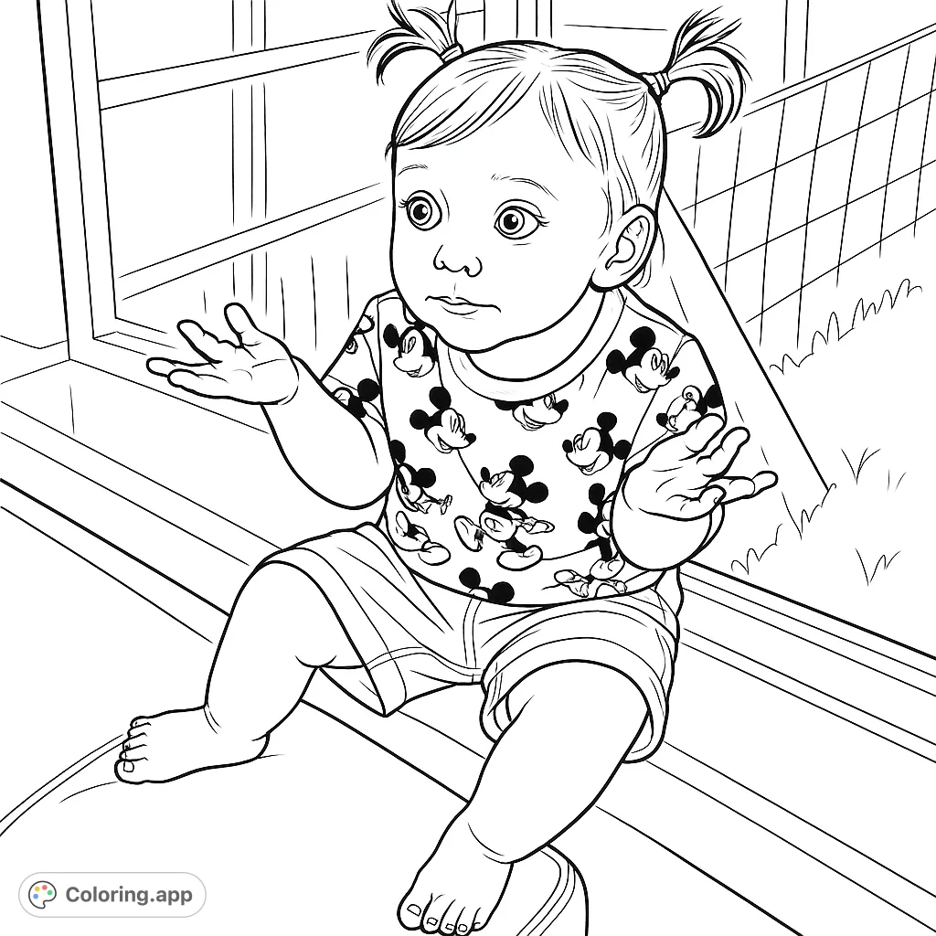 A charming coloring page featuring a curious toddler sitting by a window, observing the world outside. Perfect for young artists to explore expressions and settings.
