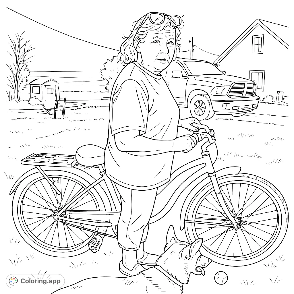 A woman stands beside her cruiser bicycle in a grassy yard, with a dog and a house in the background. A charming scene ready for your creative colors.