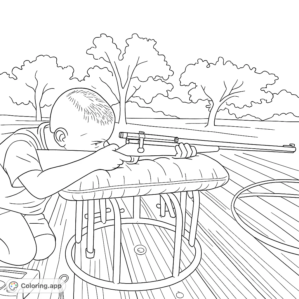 A focused young boy aims a rifle from a wooden deck, supported by a cushion and stool, set against a natural outdoor background. Perfect for detailed coloring.