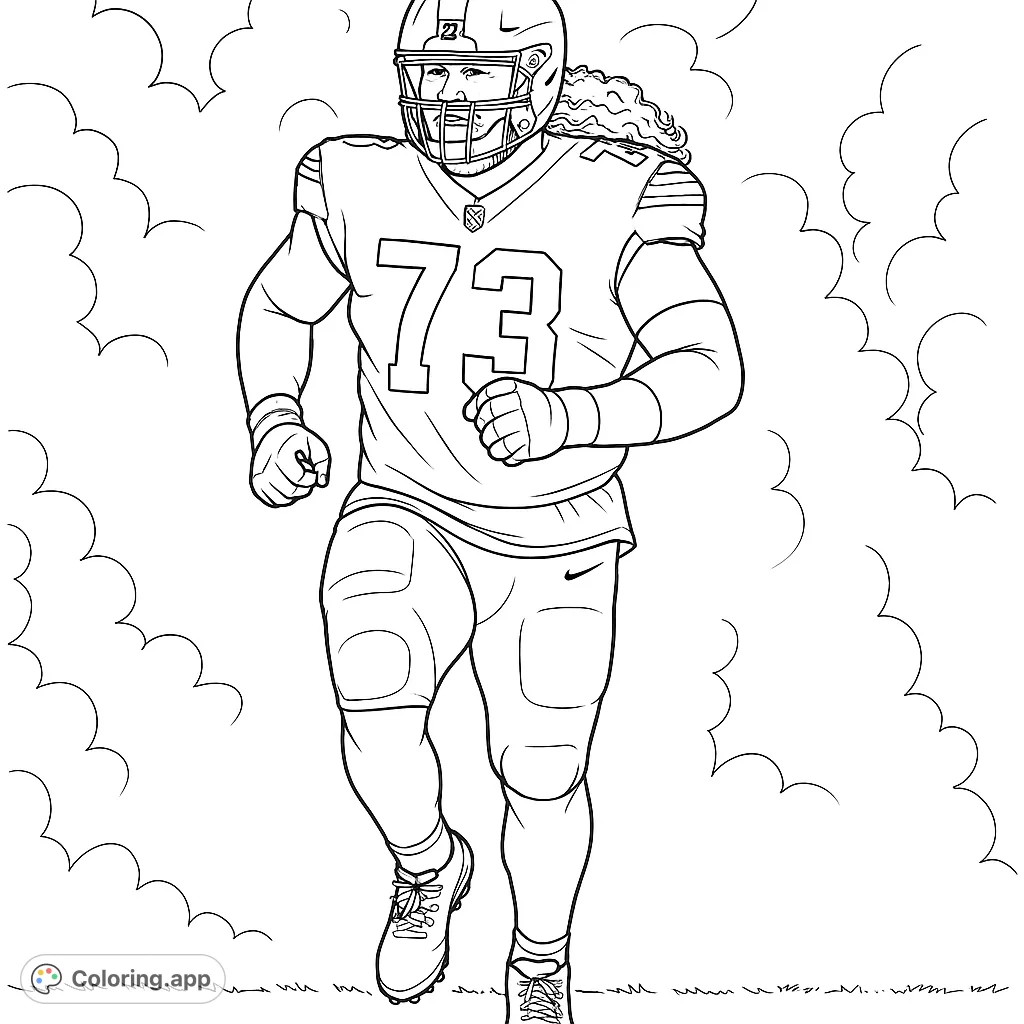 A powerful football player in full uniform, number 73, runs onto the field. Perfect for sports fans to color and bring the game to life!
