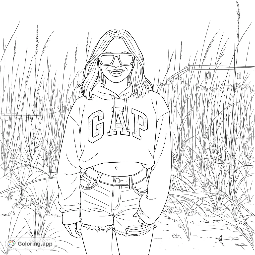 Smiling woman in a cropped hoodie and shorts stands amidst tall dune grass, with a distant beach house. A relaxing beach scene for coloring.